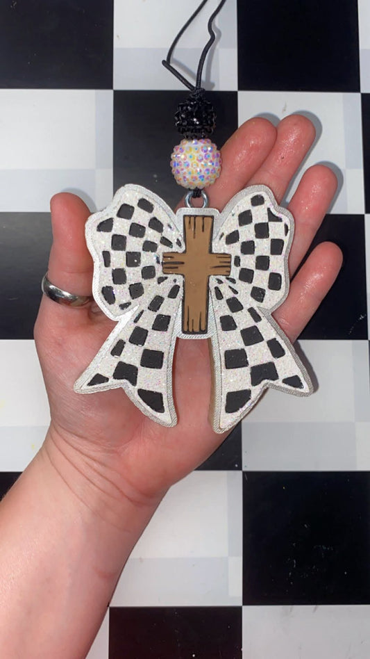 Checkers bow with cross silicone freshie